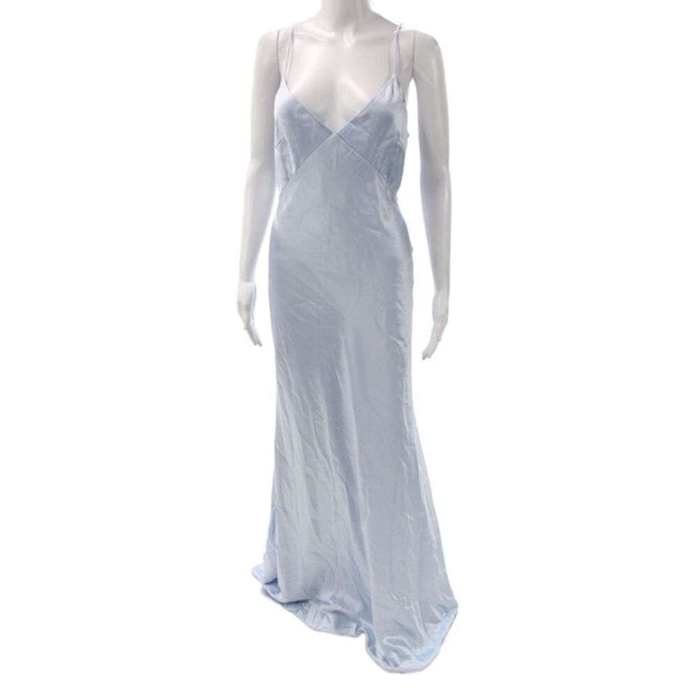 Milly Womens Maxi Satin V Neck Sleeveless Tie Waist Blue Dress Size M